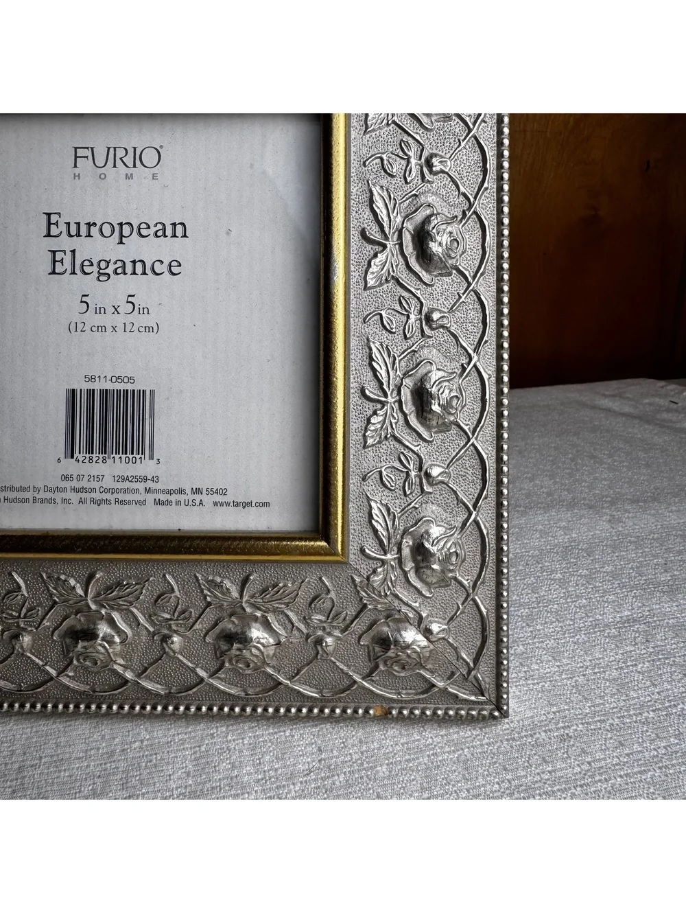 Vintage Furio Home 5x5 Silver Tone Rose Embossed Picture Frame Gold Trim